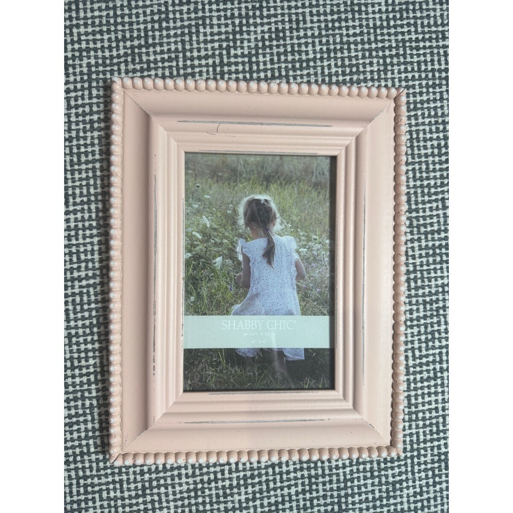 Shabby Chic Pink Beaded 4x6 Picture Frame Distressed Vintage Style Pink